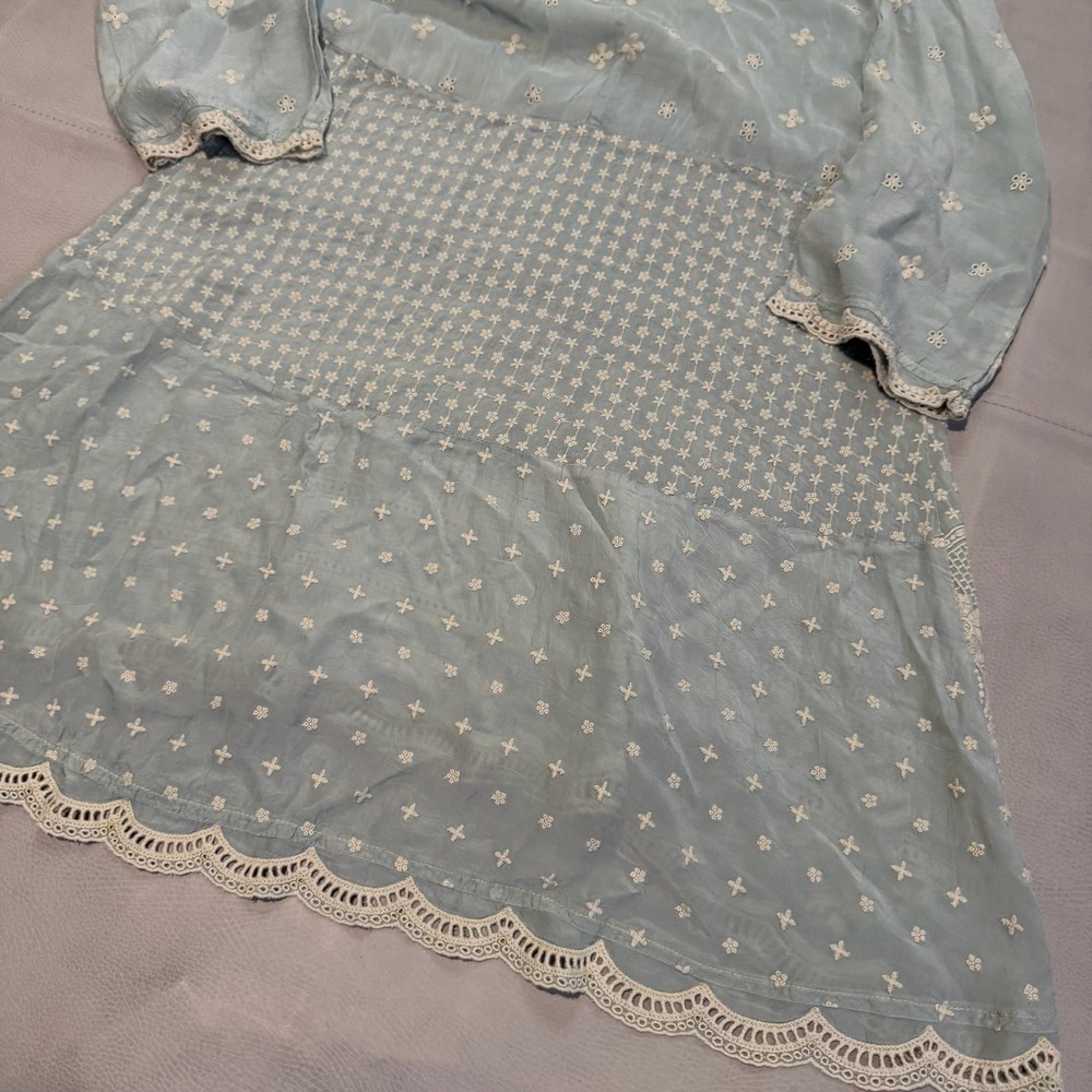 Johnny Was Blue Embroider Eyelet Rayon V-Neck Cottage Prairie Tunic Dress-S-6398 - Picture 8 of 10